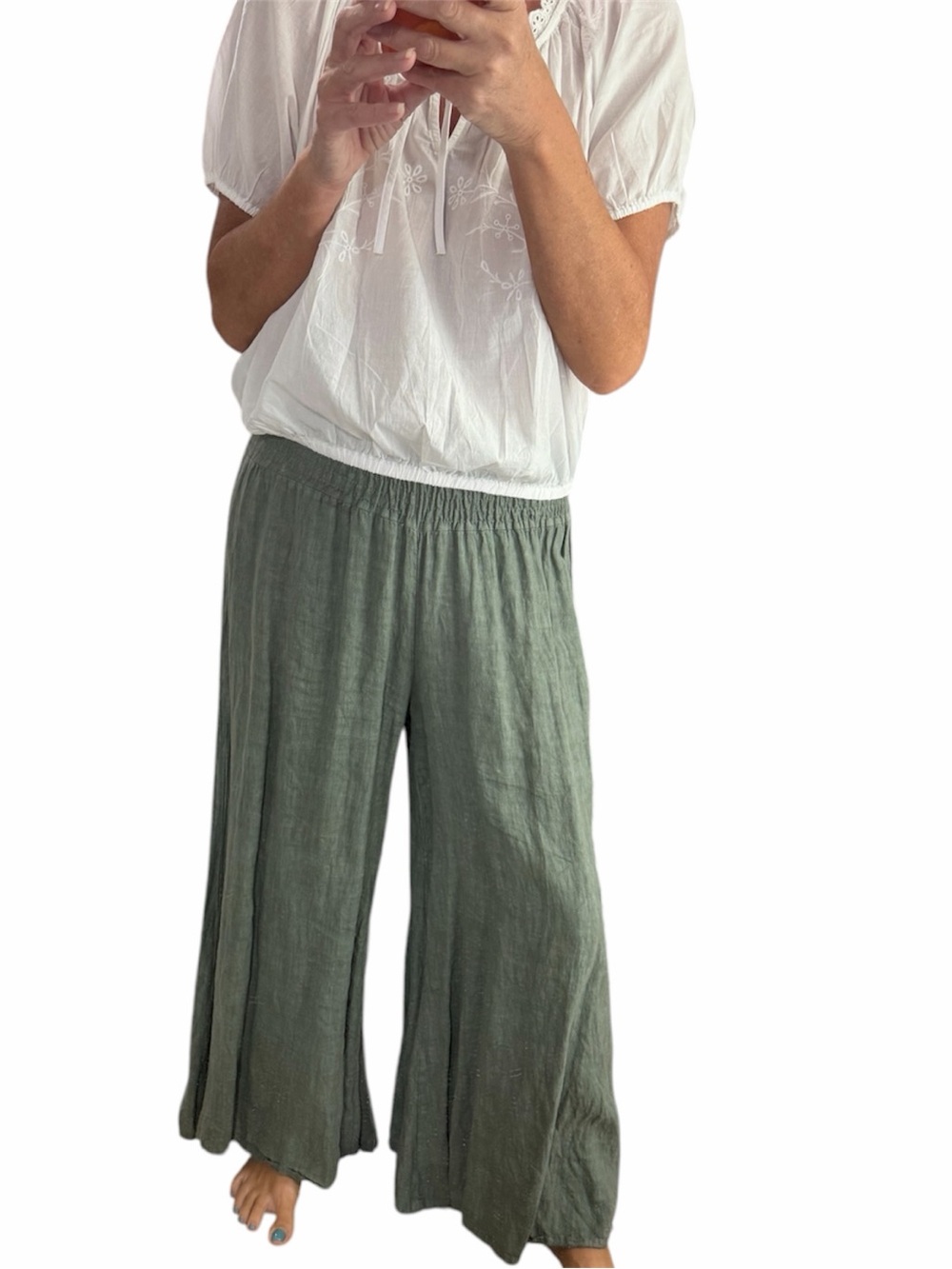 Made In Italy Pure Linen Palazzo Pants In Sage Green - Picture 6 of 15
